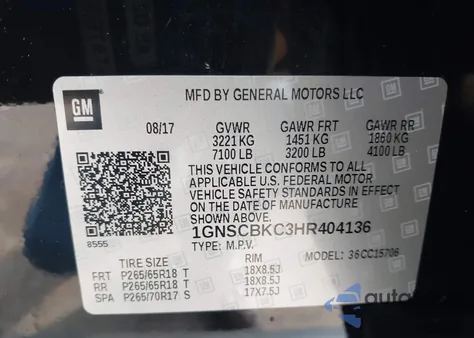 2017 Chevrolet Tahoe Lt z USA, uszkodzony, nr VIN 1GNSCBKC3HR404136